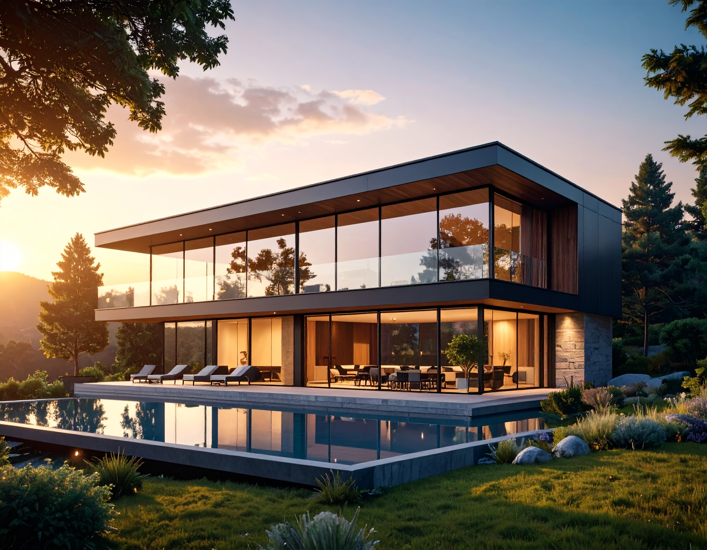 Isı kesen aynalı cam filmi uygulanmış modern villa dış cephe görünümü