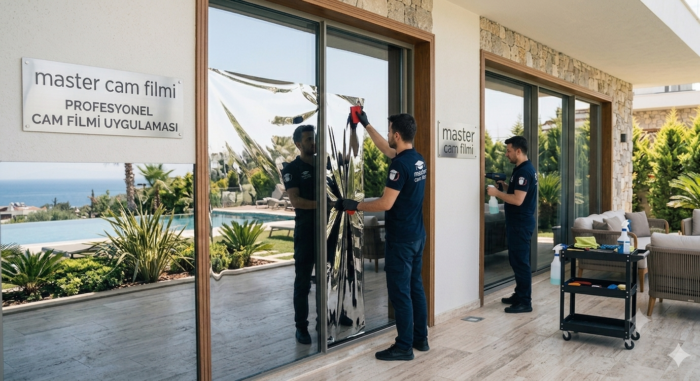 Master Cam Filmi profesyonel ekibinin bir konutun balkon pencerelerine uyguladığı aynalı cam filmi montajı